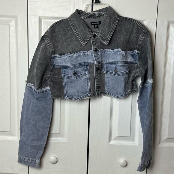 Pretty Little Thing Double Layered Denim Cropped Jacket Washed Grey Light Blue 6 - Picture 1 of 9